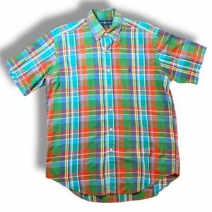 Ralph Lauren Blake Button Up Shirt Green Orange Blue Plaid Preppy Top Size M
